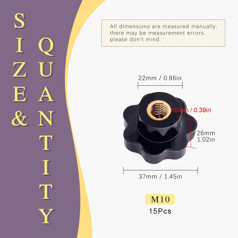 [Australia - AusPower] - Swpeet 15Pcs M10 7 Star Knob Female Thread Nut Clamping Knob Grip Assortment Kit, Star Shape Hand Knobs Black Plastic Screw-On Handle Clamping Knob for Mechanical Equipment (M10) 