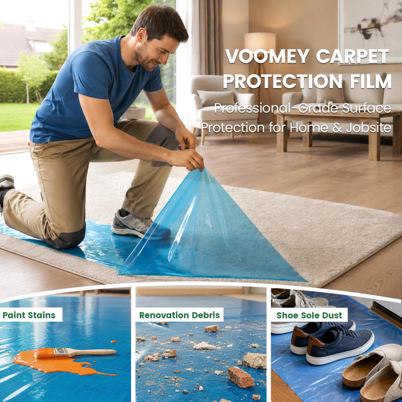 Voomey Carpet Protection Film - 10.63 inch x 100 ft Self Adhesive Plastic Carpet Protector for Low Pile & Commercial Carpets - Removable & Residue Free