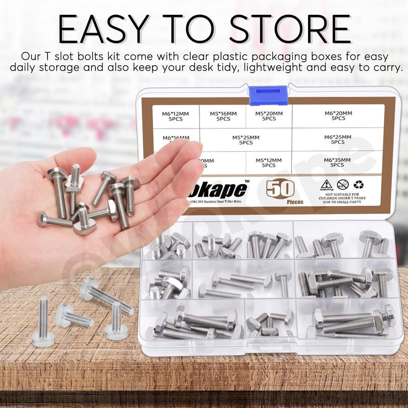 [Australia - AusPower] - 50pcs 304 Stainless Steel T-Slot Bolt Assortment Kit, M5 x 12/16/20/25mm and M6 x 12/16/20/25/30/35mm Drop-in Stud Sliding Bolts T Shape Screws for T Track 
