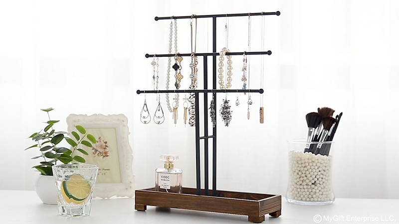 MyGift 3-Tier Black Metal T-Bar Jewelry Organizer Stand, Necklace and Bracelet Hanging Display with Brown Wood Ring Tray Black / Brown