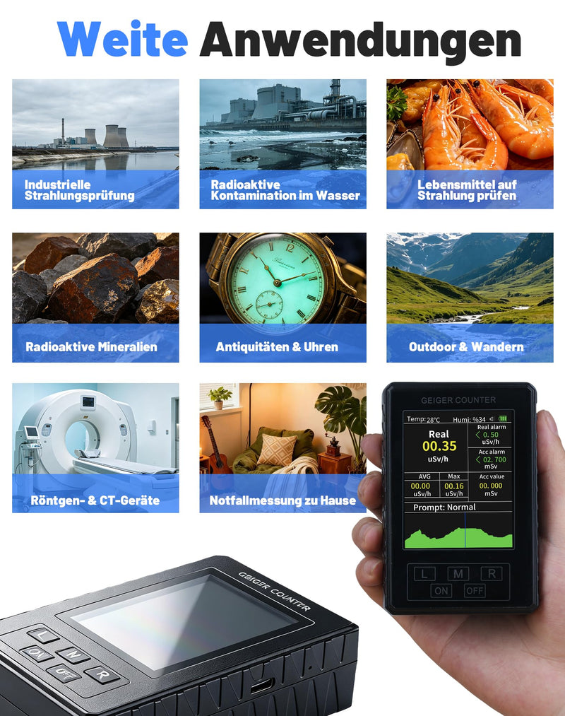 Geiger Counter Radioactivity Nuclear Radiation Meter Beta Gamma X-Ray Dosimeter Geiger Counter Radiation Detector Radioactive Radiation Meter Large LCD Display Alarm