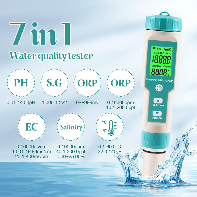 pH Meter for Water 7 in 1 PH/TDS/EC/Salt/S.G/ORP/Temp Meter,pH Tester Digital Backlit Waterproof LCD,TDS Meter EC Meter PPM Meter Suitable for Pools, Drinking Water, Aquariums, Hydroponic Cooking. 7-1