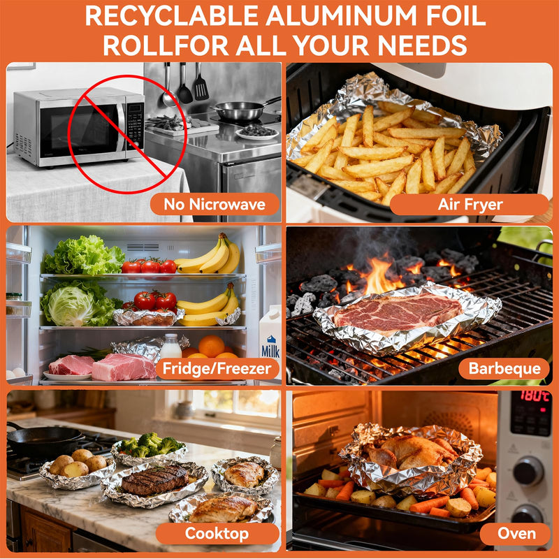 Aluminum Foil Roll, 12in x 190ft Aluminum Foil, Thick Strong Tin Foil with Cutter, Food Safe Cling Wrap for Cooking, Baking, Roasting, Grilling, Freezer Storage