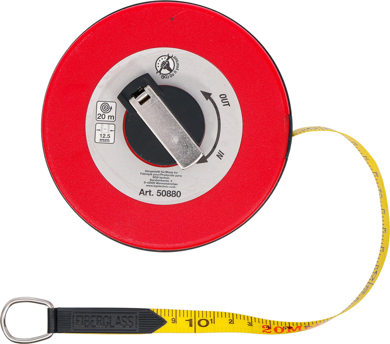 BGS DIY 50880 | Roll Tape Measure | 12.5 mm x 20 m | Fibreglass Tape | Foldable hand crank | dirt and weather resistant | metric scale on both sides