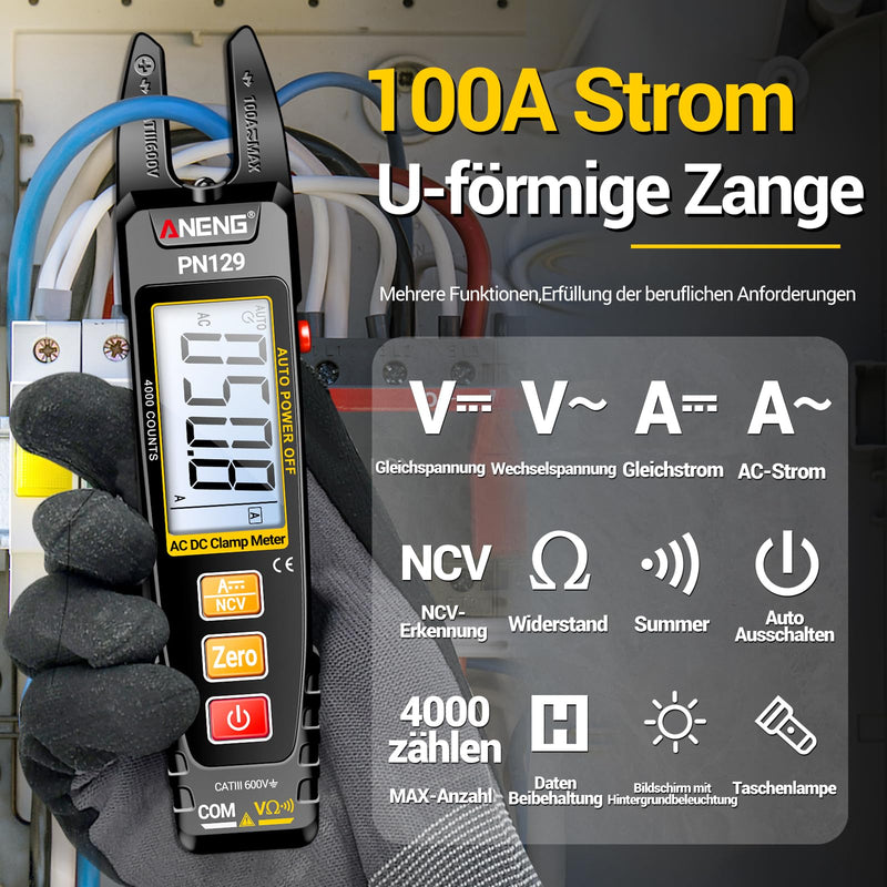 [Australia - AusPower] - ANENG Multimeter PN129 Current Clamp, TRMS 4000 Counts U-shaped Pliers Clamp Meter with AC/DC Current, Voltage, Resistance, Capacity, Continuity, Non-Contact Voltage Detection Tool PN129 (normal version with test kit) 
