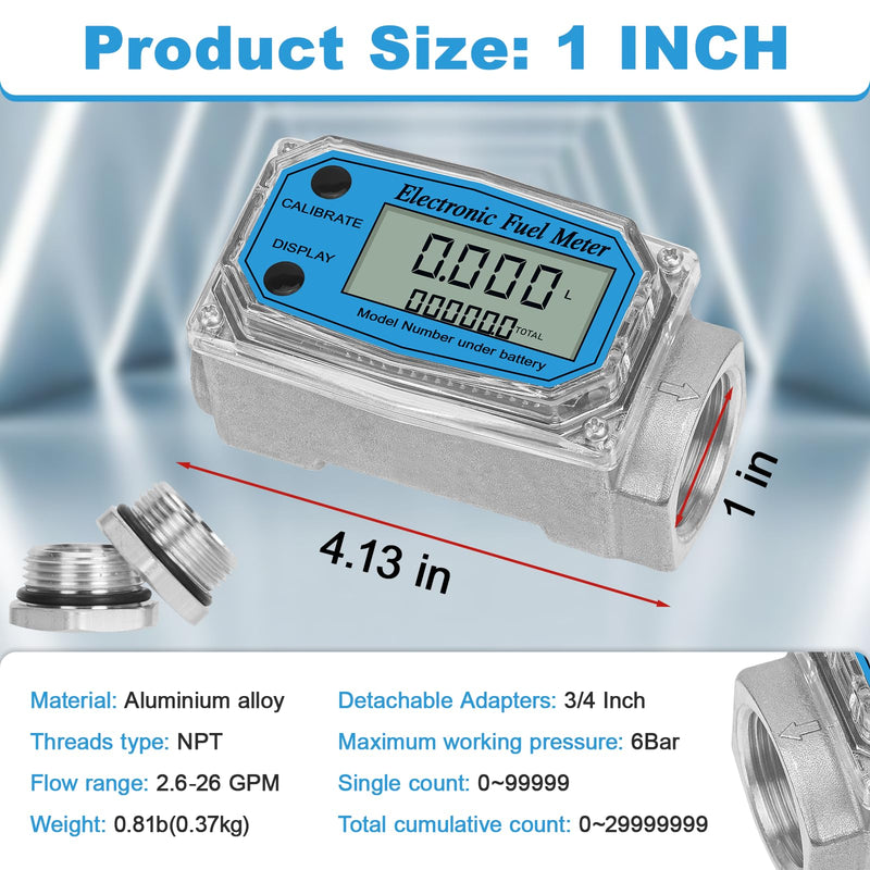 [Australia - AusPower] - 1" 2.6-26 GPM Inline NPT Thread Flowmeter, Digital Turbine Fuel Flow Meter, for Water, Diesel, Gas Oil, Gasoline, and Other Liquids - Supports Gallon, QTS, PTS, L, m³ with 3/4 in Adapters 