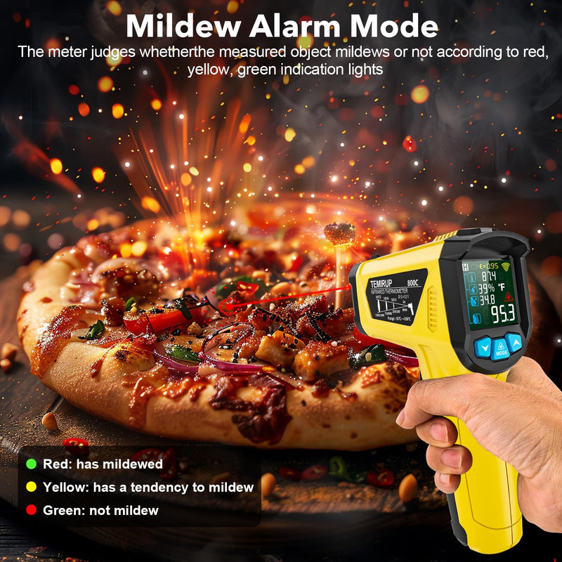 [Australia - AusPower] - Infrared Thermometer Temperature Gun,-58°F to 1472°F Non Contact Digital IR Laser Thermometer Temp Gun with Probe & Humidity Measurement for Cooking,Griddle,Engine,HVAC,Adjustable Emissivity Yellow-58°F to 1472°F(-50~800°C) 