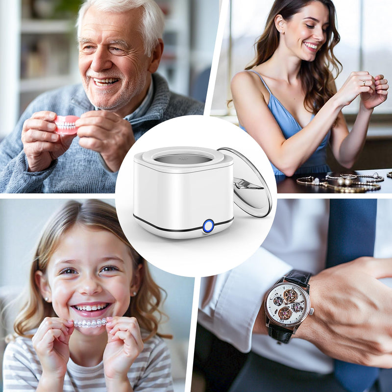 [Australia - AusPower] - Ultrasonic Retainer Cleaner, 48kHz Retainer Cleaner Machine for Dentures, Mouthguard, Braces, Night Guard, Toothbrush, Jewelry with 7.8OZ Dental Cleaning Pod-Cool White Cool White 
