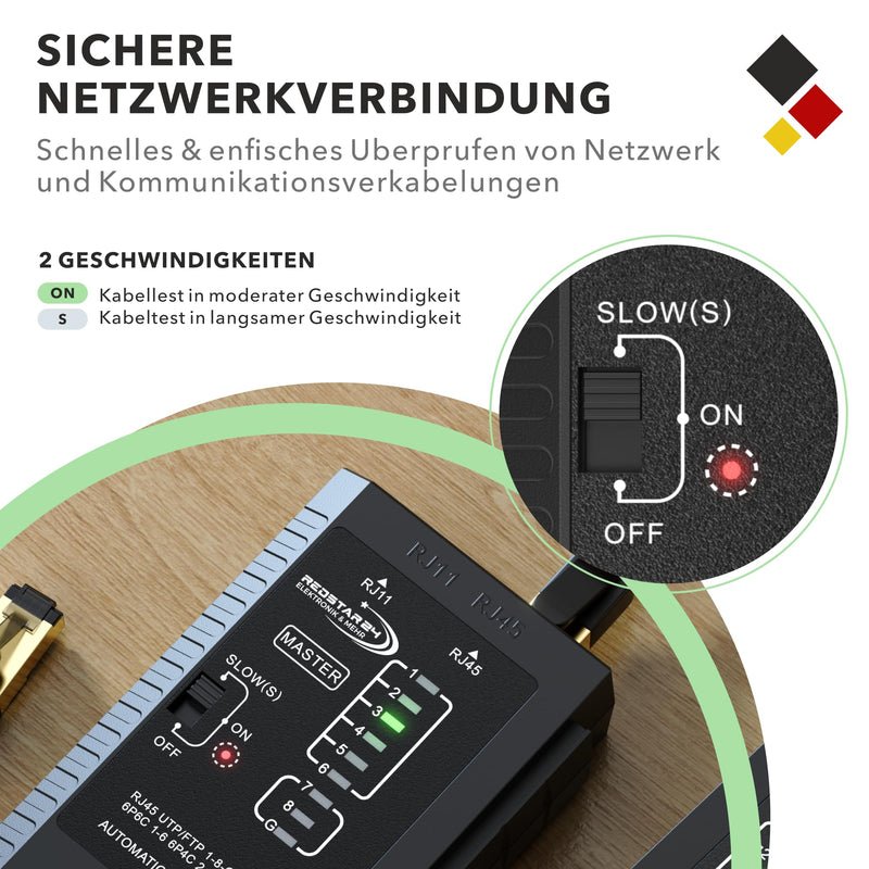 RedStar24 Network Tester - LAN Cable Tester RJ11, RJ12, RJ45 for Patch Cable | Test LEDs for testing and checking LAN and network cables CAT6 CAT7 CAT8 - ideal for patch cable and line tests 1 pc.