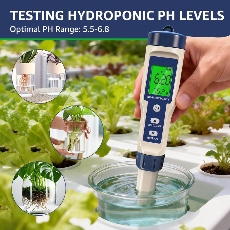 Pool Salt Tester & PH Meter - 5-in-1 Digital TDS Meter for Salinity PH Temp and EC, 0.01 High Accuracy, Swimming Pool, Hydroponics, Aquarium, Hot Tub, PPM Meter for Pool, Drinking Water, Wine, Food