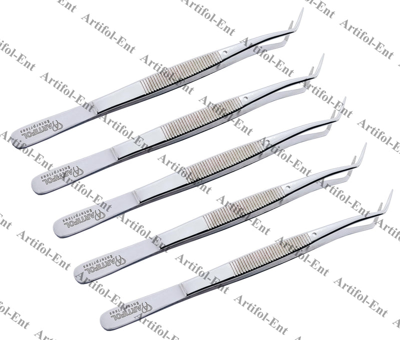 [Australia - AusPower] - Dental Marriiam Tweezers – 5 Pcs Set, 15cm Angled Serrated Tips, Polished Stainless Steel Curved Forceps – Multipurpose Dental Tools for Denture & Teeth Cleaning, Oral Care Instruments #114500021-1 