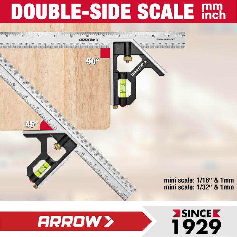 [Australia - AusPower] - DURATECH Magnetic Tape Measure 25FT with Fractions 1/8 and Arrow 7-Inch Aluminum Alloy Carpenter Square and 12-Inch Zinc Alloy Combination Square Set 