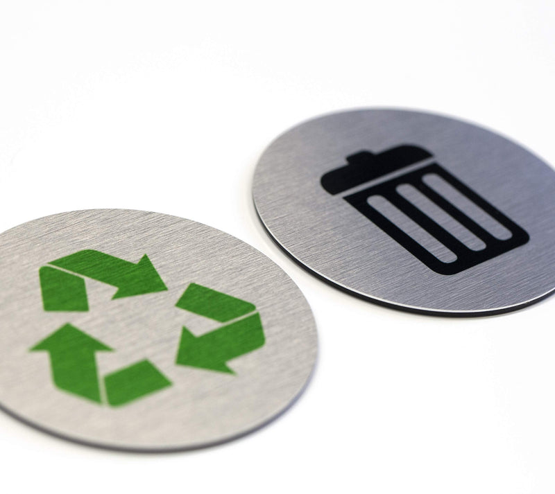 Metal Trash & Recycling Signs | Garbage & Recycling Bin Marker | Set of 2 - 1 Black Trash Sign & 1 Green Recycle Sign | 3" Round, Brushed Silver Aluminum Signs | Made in USA