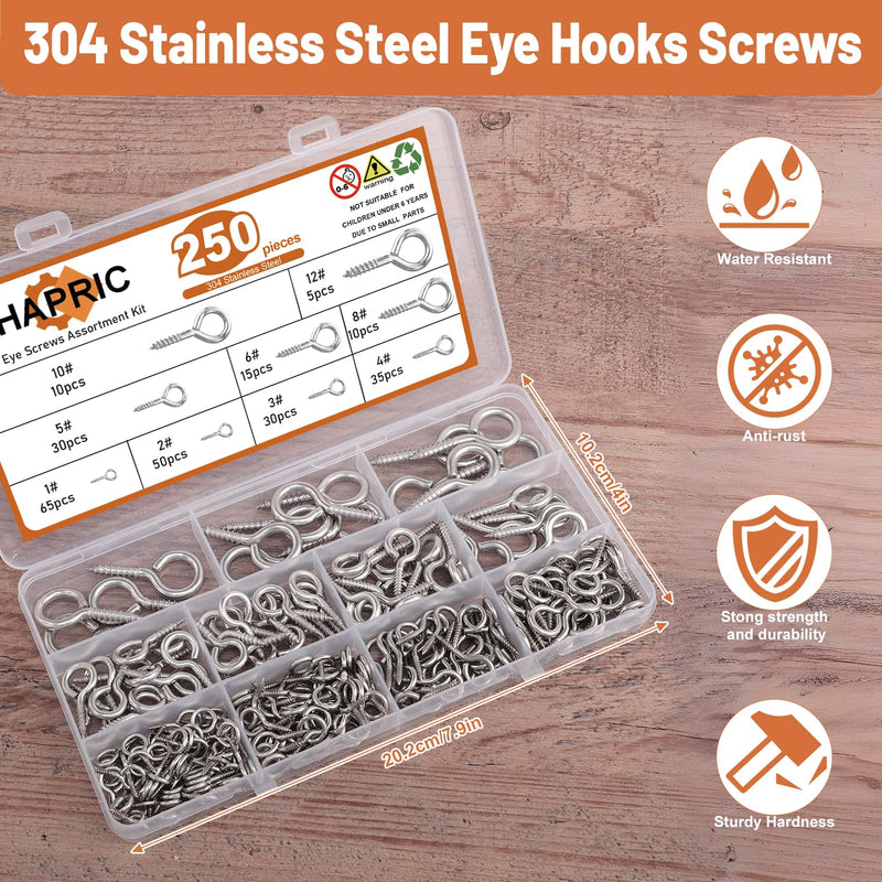 [Australia - AusPower] - 250 Pcs Eye Hook Screws, 304 Stainless Steel Screw Eyes 0.75"-1.75" 9 Size Eyelet Screw Heavy Duty Self Tapping Screws for Wood Picture Frame 