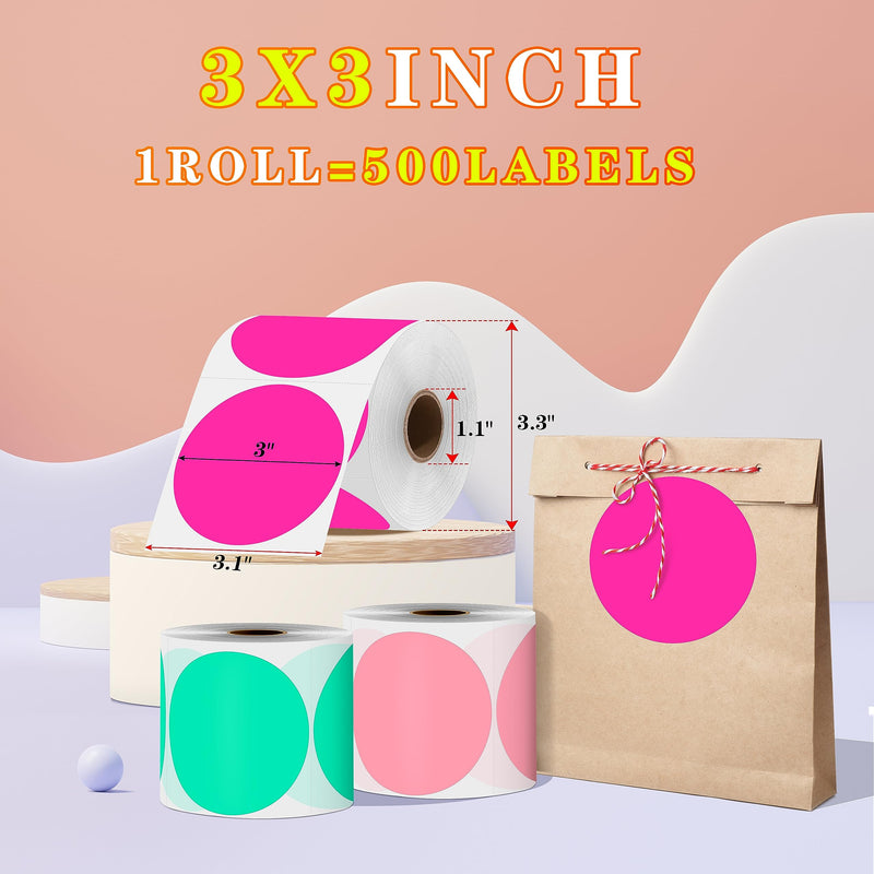 PARLAIM Round Thermal Labels 3 Inch Fluorescent Pink, 500PCS Circle Direct Thermal Printer Sticker for Home Business Bottle DIY Design, QR Code, Name Tag, Moving Box Address Label 3 x 3 inch