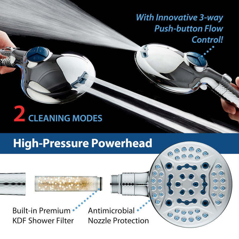 AquaCare 4X High Pressure 10-mode Filter Handheld Shower Head with Dual Power Wash - Clean Tub, Tile & Pets, Remove Chlorine, Metals & Toxins from Water to Protect Skin, Hair & Nails. Chrome Finish