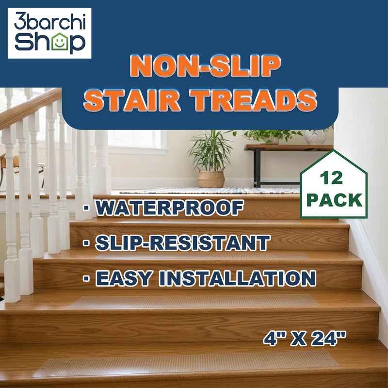 Clear Stair Treads for Wooden Steps Indoor, 12 Pack 24" x 4" Non Slip Stair Treads with Roller, Self Adhesive Transparent Anti Slip Tape for Hardwood Stairs, Safe for Dogs, Kids, Seniors & Pets
