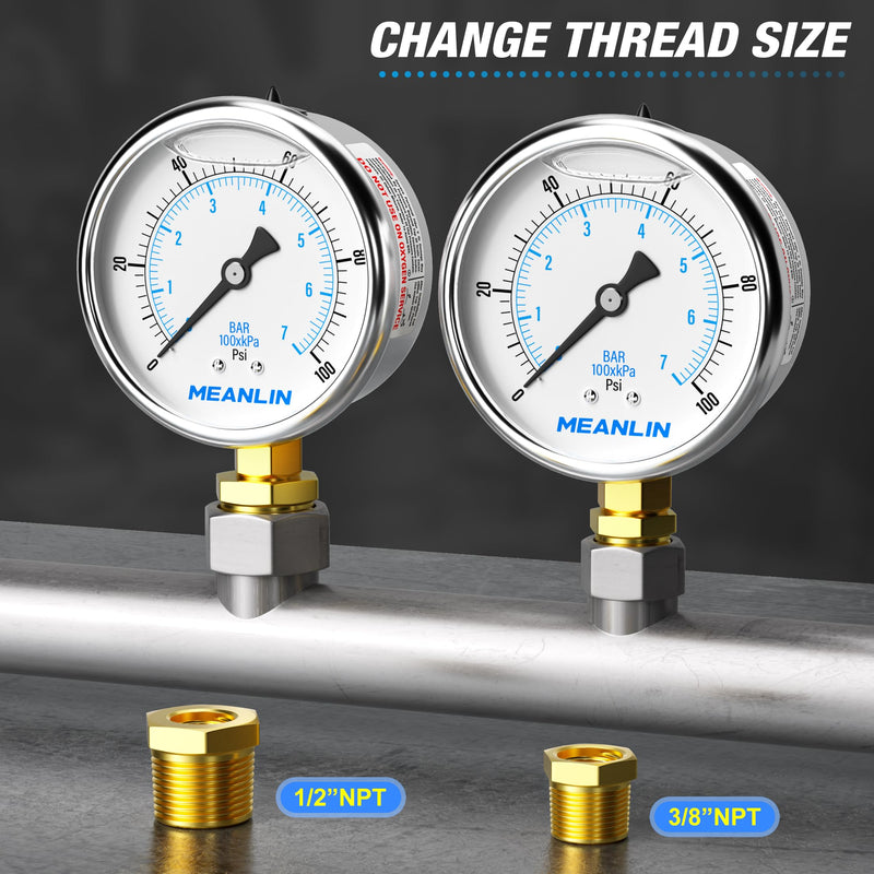 [Australia - AusPower] - MEANLIN MEASURE 0~100Psi Stainless Steel 1/4" NPT 2.5" FACE DIAL Liquid Filled Pressure Gauge WOG Water Oil Air Lower Mount, with 1/4" x 1/2" NPT and 1/4" x 3/8" NPT Hex Bushing 0-100Psi 