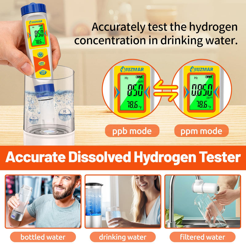 [Australia - AusPower] - Hydrogen Water Tester pH Meter 6 in 1 pH H2 ORP TDS EC Temp Tester Dissolved Hydrogen Tester for Hydrogen Water Bottle pH and ORP Meter for Household Drinking Water Hydroponics Pool 