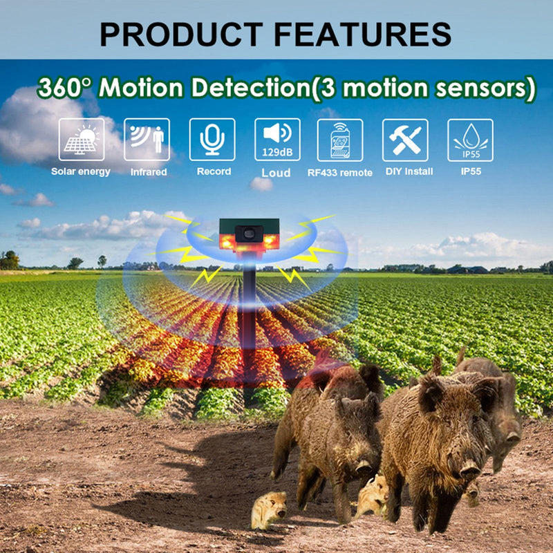 [Australia - AusPower] - HULPPRE Solar Outdoor Motion Sensor Alarm-Dog Barking&Gunshot Sound ,Support Recording,130db Loud Noise Maker,13 Kinds of Sound Strobe Light with USB,Say Goodbye to The Intruders 13 sounds outdoor alarm 