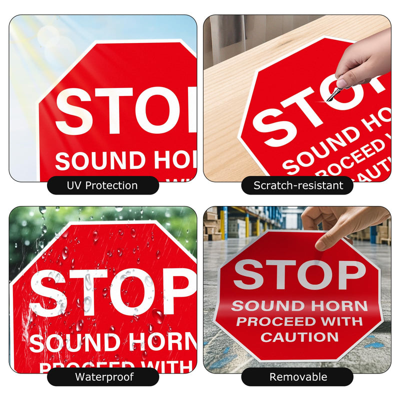 5 Pack Stop Sound Horn Proceed With Caution Sign Anti-Slip Traffic Floor Sticker 17 × 17 Inches Self Adhesive Vinyl Waterproof Signage for Workplace Warehouse Construction Site