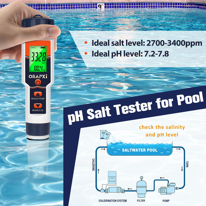 [Australia - AusPower] - Pool Salt Tester pH Meter ORAPXI Salinity Meter and pH Tester PPM EC Meter with LCD Screen 5 in 1- SALT pH TDS EC Meter for Saltwater Pool, Hot Tubs, Spas, Aquarium, Hydroponics System, Home Brew Red 