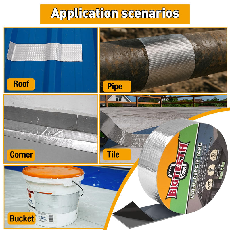 BIGTEETH Aluminum Waterproof Butyl Repair Tape - 2 inch x 16 feet for Pipes, Doors, Windows, RV Roofs, Boats, Vents, etc