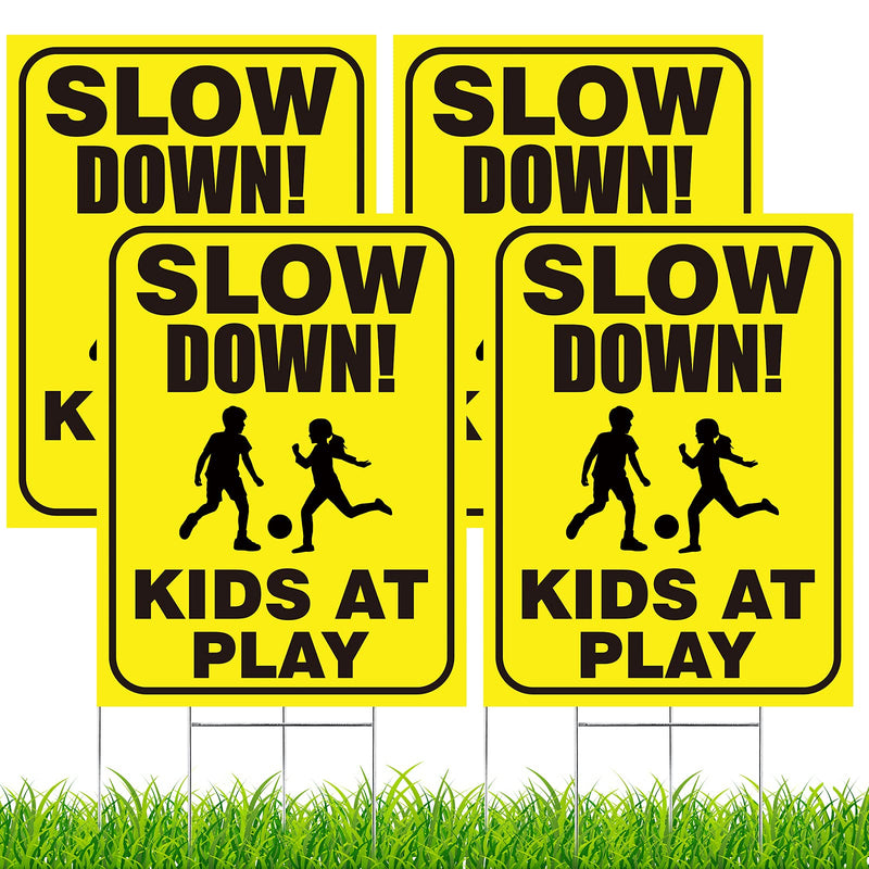 4 Pieces Slow Down Kids At Play Sign with Metal Stake, 12 x 16 Inch Kids At Play Safety Signs, Double Sided Child Safety Caution Signs, Children Sign for Street, Lawn Neighborhoods, Yellow