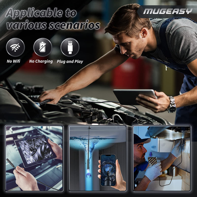 [Australia - AusPower] - Inspection Camera - Endoscope Camera with Light, 1920P HD Bore Scope Borescope with 8 Lights, Waterproof 16.4FT Semi-Rigid Cord for Pipe Inspection, Industrial Endoscope for Phones(Black) Single Line 