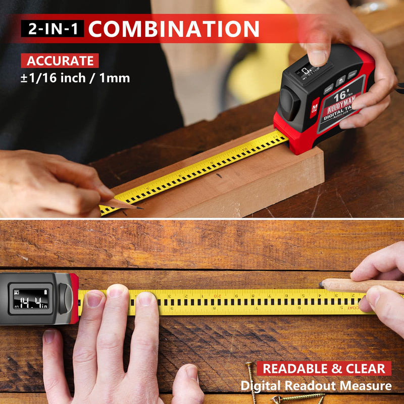 [Australia - AusPower] - Alloyman 2-in-1 Digital Tape Measure, 16Ft Length, 6 Unit Options, 4 Measuring Modes, Stores 50 Records, Auto Lock with Magnetic Hook, Waterproof & Drop-Resistant Black Red 