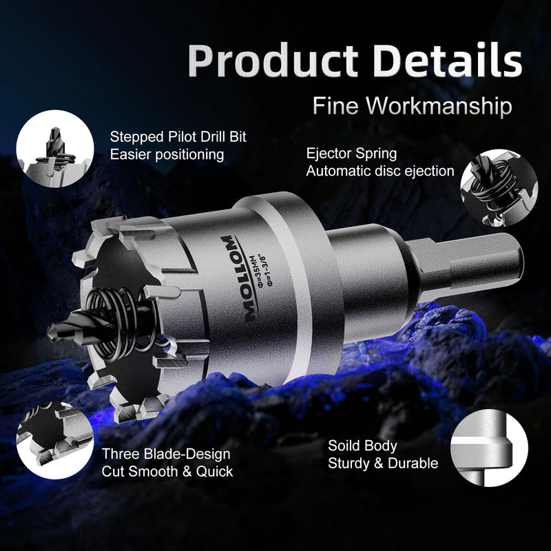 Mollom 5Pcs Hole Saw(13-25.5mm) TCT Carbide Tipped Hole Saw Kit for Hard Metal, Extra 2xTitanium & 1xStepped Pilot Drill bits and 2Pcs Hex Key for Stainless Steel, Iron,Aluminum,Alloy,Metal 13-25.5mm 5