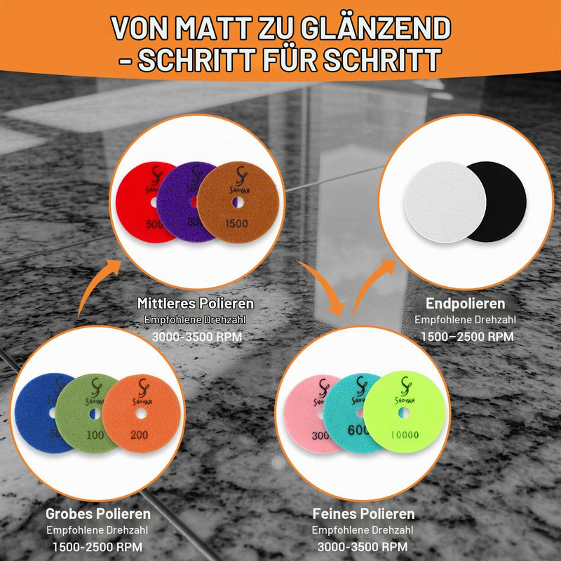 Diamond grinding wheel wet 100 mm, 16 pieces polishing set for granite, marble | Concrete & Stone, Diamond Sanding Pads for Angle Grinders, Grit 50-10000