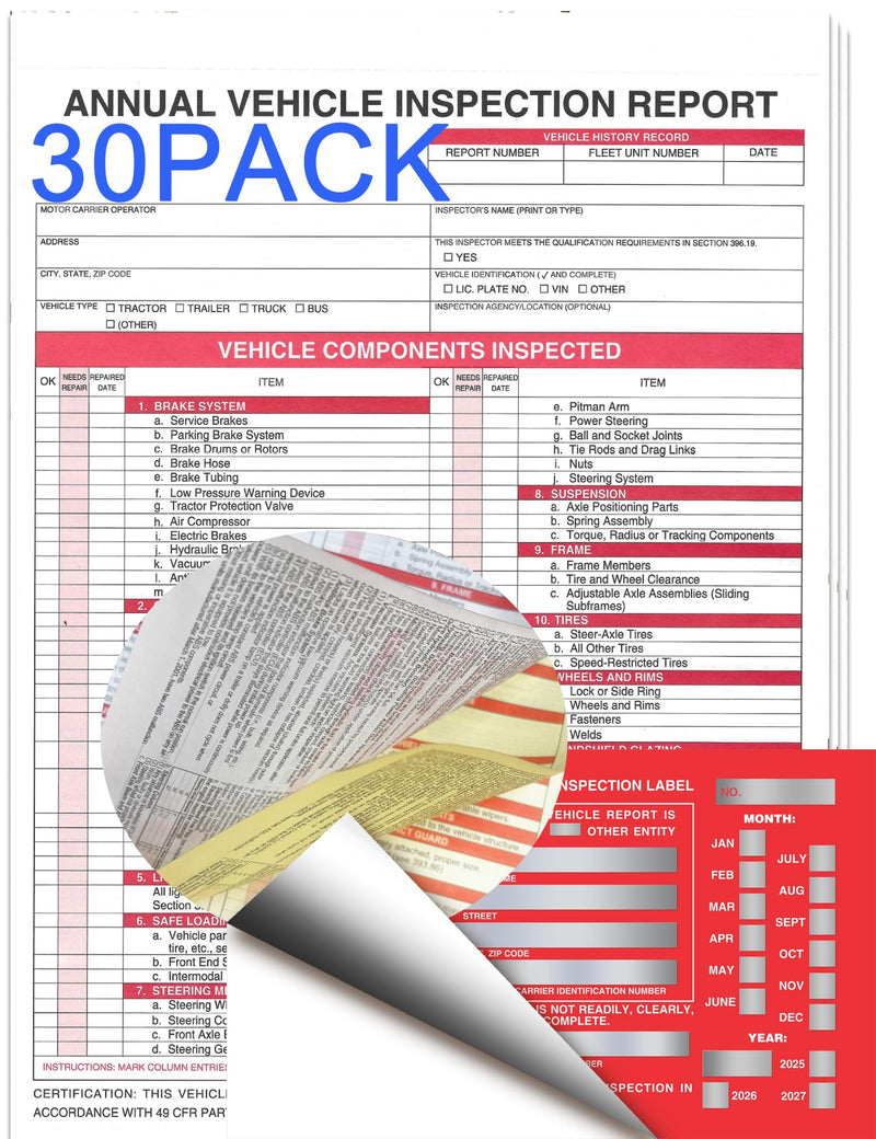 Annual Vehicle Condition Report Forms with Aluminum Date Labels, 30-Pack, 3-Ply Carbonless for Fleet Management