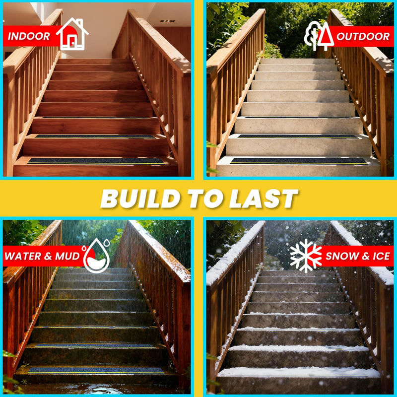 LifeGrip Anti Slip Traction Treads with Reflective Stripe (10-Pack), 6" X 32", Best Grip Tape Grit Non Slip, Outdoor Non Skid Tape, High Traction Friction Abrasive Adhesive for Stairs Step, Black 6" x 32" 10