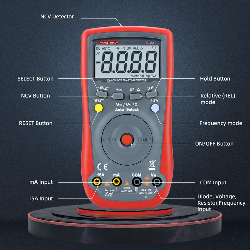 [Australia - AusPower] - Digital Multimeter 4000 Counts, Auto-Ranging Ohmmeter Voltage Tester, DC/AC Voltmeter, Measures Voltage Current Resistance Diodes Continuity Capacitance with NCV Duty-Cycle Capacitance 