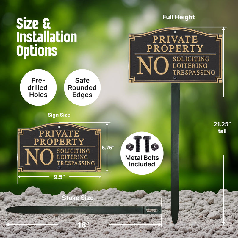 SmartSign Private Property Sign for Yard, No Soliciting Loitering Trespassing Garden Plaque | 5.75" x 9.5" Aluminum Plaque with 18" Black Lawn Stake, Made in USA Private Property - No Soliciting