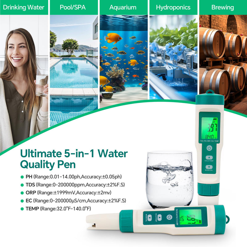[Australia - AusPower] - 5in1 PH Water Tester, Digital pH Meter for Water, EC and TDS Meter with PH TDS EC ORP Temp Water Quality Tester for Hydroponics Plant Swimming Pool Aquarium Drinking Water Testing Kit PPM EC Tester 5-IN-1 