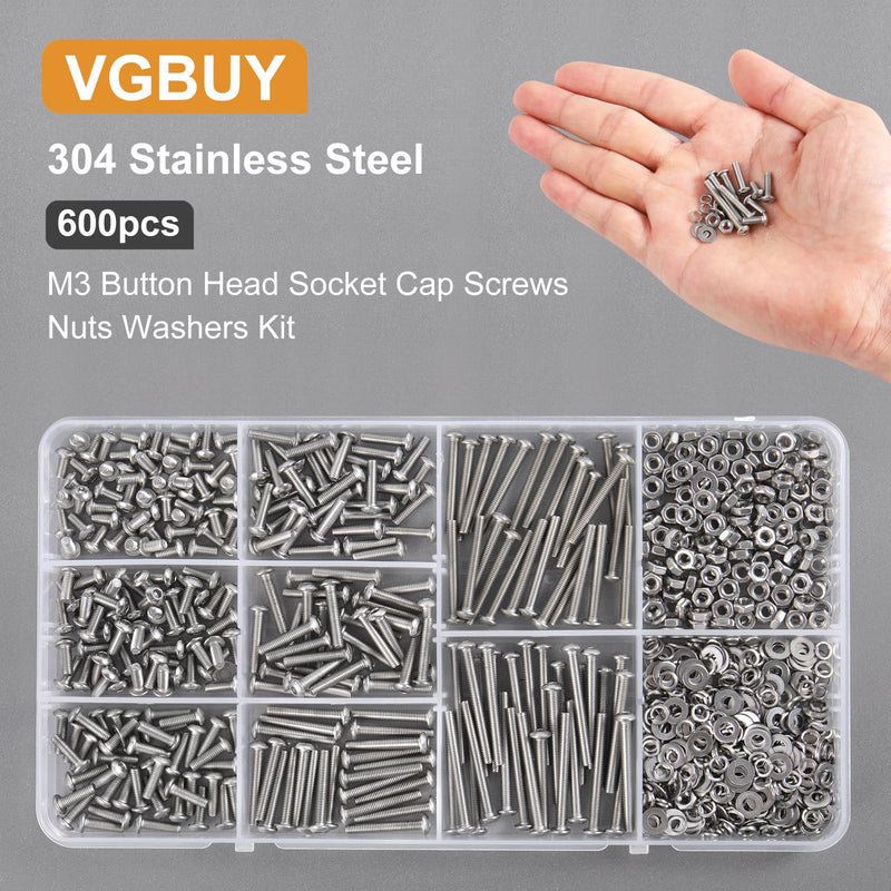 [Australia - AusPower] - 600pcs M3 Screw Assortment Kit, M3 Screws (8 Sizes 6-30mm) for 3D Printer DIY, Hex Button Head Cap Screws Bolts Nuts Washer Kit, 304 Stainless Steel, M3 x 6/8/10/12/16/20/25/30mm M3x6/8/10/12/16/20/25/30mm 