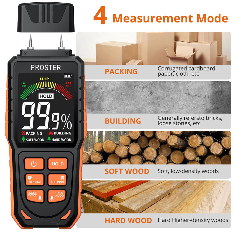 [Australia - AusPower] - Proster Rechargeable Moisture Meter with Tri-Colour Display – Wall Damp Meter with Visual & Sound Alerts, Professional Damp Detector for Timber, Walls, Cement, and Building Materials Rechargeable Pin Moisture Meter 