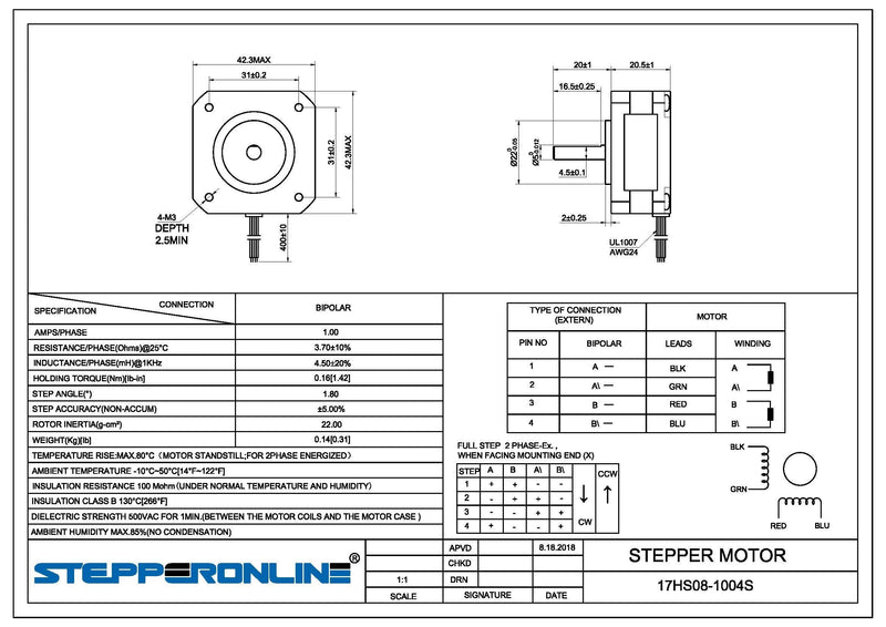 [Australia - AusPower] - STEPPERONLINE Short Body Nema 17 Bipolar Stepper Motor 1A 22.6oz.in/16Ncm DIY CNC Extruder 