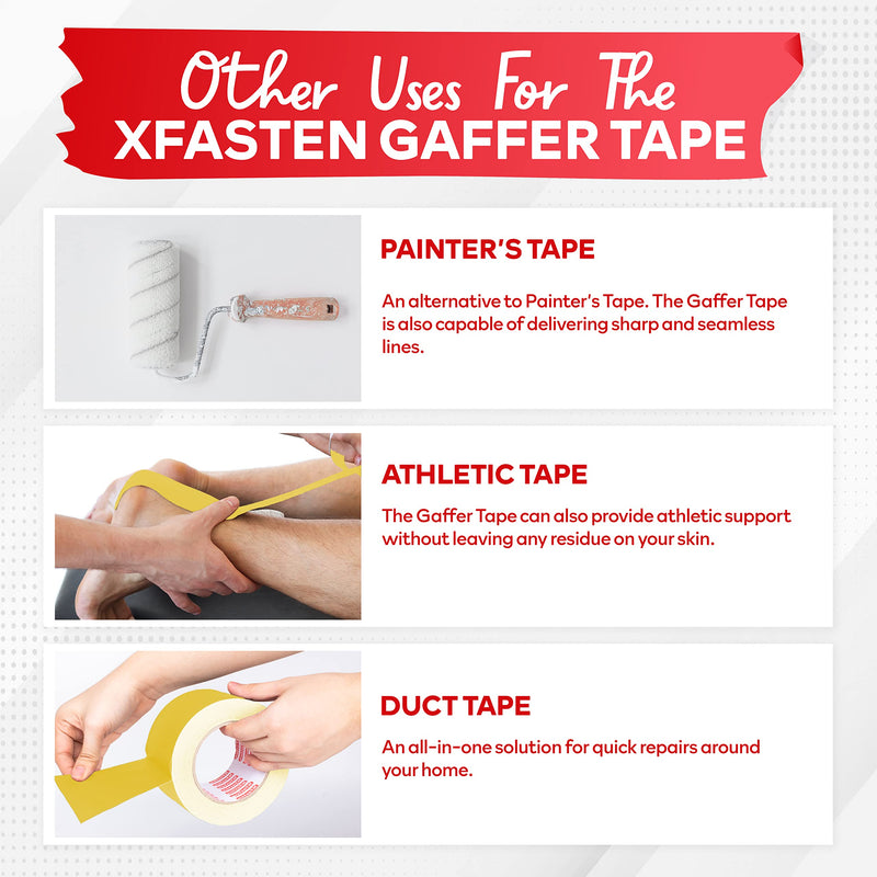 XFasten Yellow Gaffers Tape 2 Inch x 30 Yards, Cable Management Gaffer Tape, Ideal for Indoor, Outdoor Applications, Non-Reflective Matte Gaffing for Photography, Music, Film, Events