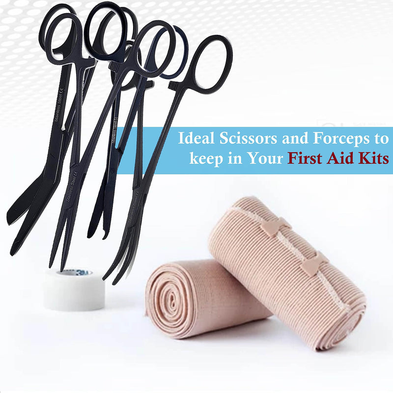[Australia - AusPower] - Set of 4 Bandage Scissors 5.5", Stitch Scissors 4.5" and Hemostat 5.5" Straight Curved Made of Premium Quality Stainless Steel (Jet Black) Jet Black 