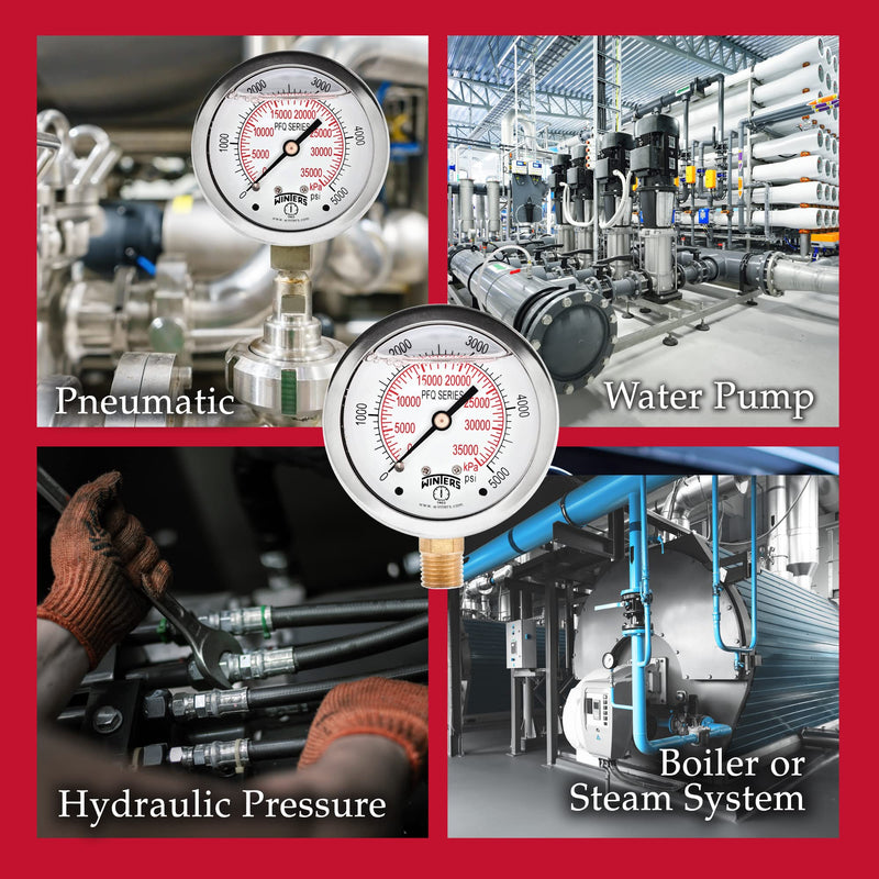 [Australia - AusPower] - Winters 2-1/2" Dial Size, Liquid Filled Industrial Pressure Gauge, Brass Internals, Stainless Steel Case, Dual Scale 0-5,000 psi/kPa, 1.5% Acc, 1/4" NPT Bottom Mount, Glycerin Filled Pressure Gauge 0/5,000 PSI/kPa 