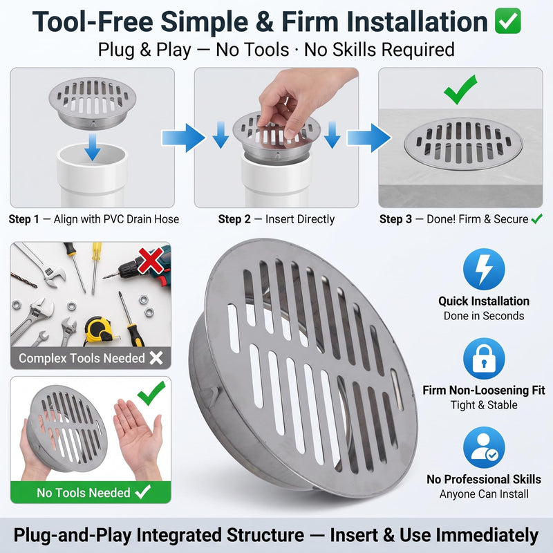 Round Stainless Steel Floor Drain, Metal Steel Drain Grid, Anti-Clogging Shower Drain Filter, DIY Tools for Balcony, Patio, Garden (Ø75mm) Ø75mm