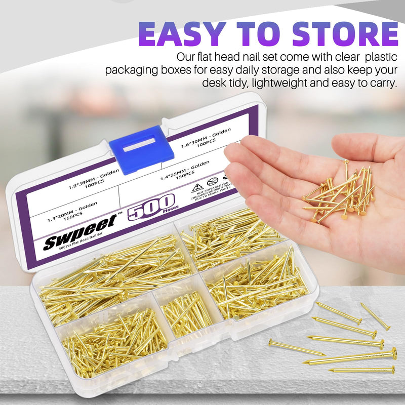 [Australia - AusPower] - Swpeet 500Pcs 4 Sizes Hardware Nails Assortment Kit, Gold Galvanized Nails, Small Nails, Pin Nails, Finishing Nails, Nails for Hanging, Wall Nails for Hanging Pictures Golden 
