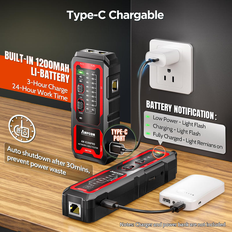 [Australia - AusPower] - AMPCOM Wire Tracker & Network Cable Tester with PoE Detection, RJ45/RJ11 Line Tracer, USB-C Rechargeable, LED Light, for LAN/Ethernet/Telephone Continuity Testing 