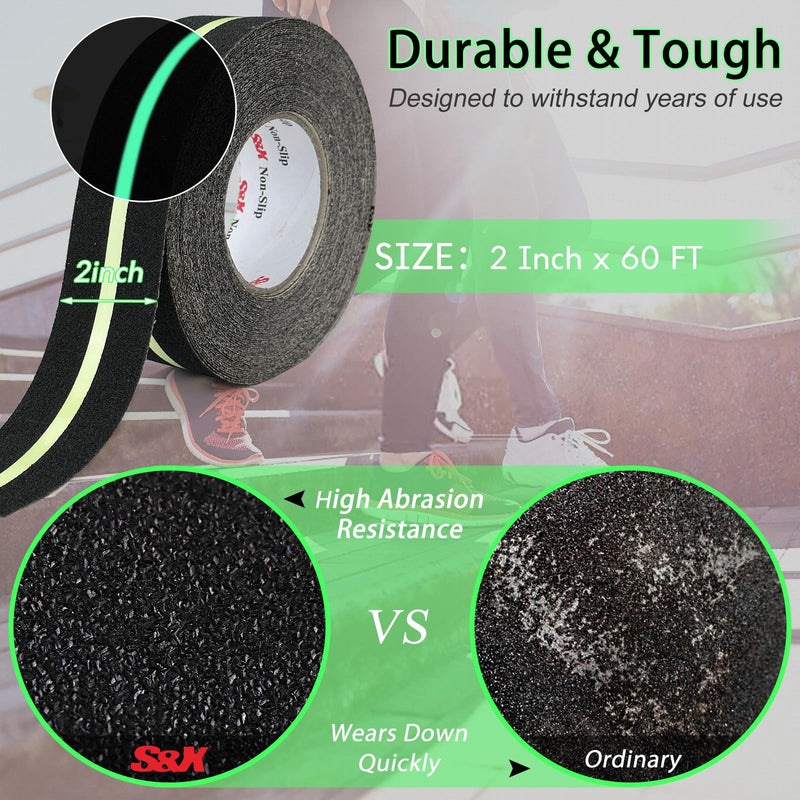 S&X Heavy Duty Anti Slip Tape 2 Inch x 60 Ft with Glow in The Dark Strip - Durable Grip Tape for Stairs, Outdoor Non Slip Stair Tread Non-Skid Safety Tape 2" X 60' Black/Glow-in-the-Dark