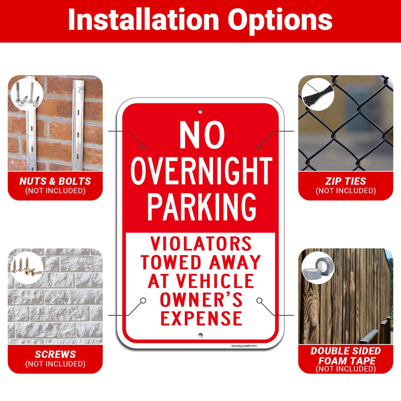 Large No Overnight Parking Sign, Violators will be towed sign, 2Pack -18"x12" Engineer Grade Rust Free Reflective Aluminum, Fade & Weather Resistant, UV Protected, Indoor/Outdoor Use, Easy to Mount