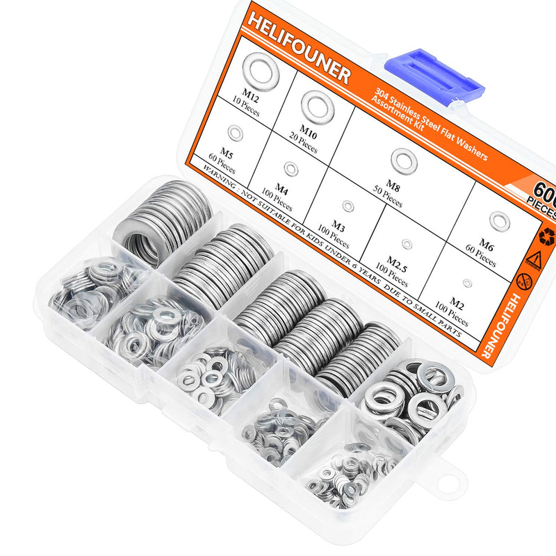 [Australia - AusPower] - 600 Pieces 9 Sizes 304 Stainless Steel Flat Washers Assortment Kit (M2 M2.5 M3 M4 M5 M6 M8 M10 M12) 