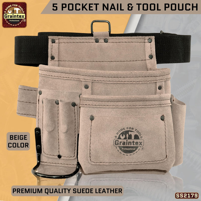 Graintex 5 Pocket Suede Leather Tool Belt/Bag, Multipurpose Leather Tool Belt for Women and Men, Ideal for Construction, Electrician, Handymen, Carpenter, Gardening Pouch & DIY Projects